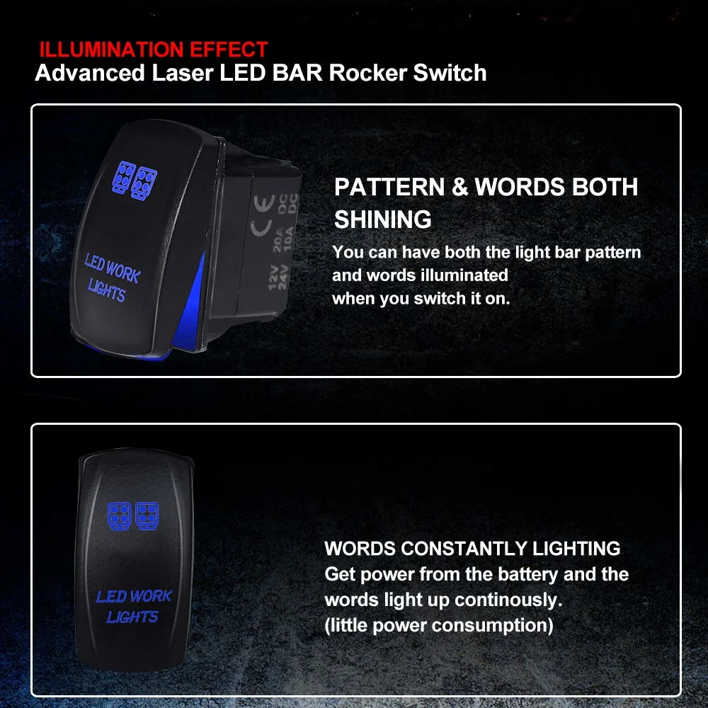 LED Light Switch off Road Lights LED Light Bar on-off LED Work Lights Rocker Switch with Jumper Wire, 5 Pin, 20 AMP, 12V LED Lights LED Light Switch