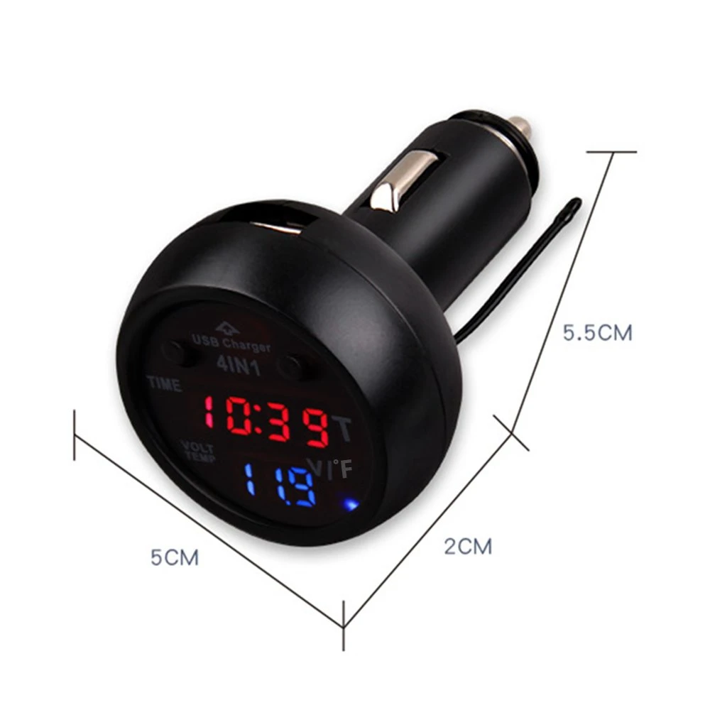 Car USB Charger 2.1A, Thermometer Battery Digital Monitor Voltmeter, Calendar Datetime Clock Display 12V